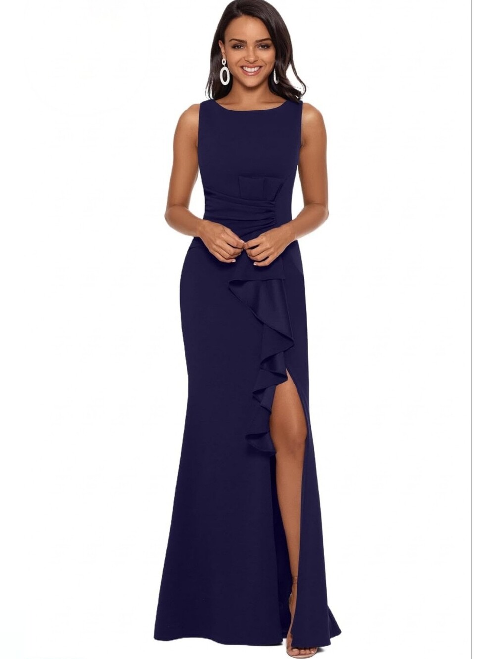 Sleeveless Navy Ruffle Column Dress with Side Slit